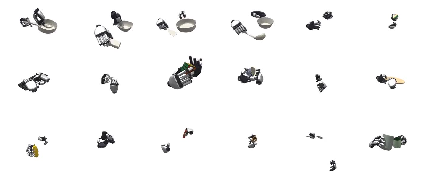 Robot hands interacting with objects in FlashDexRetarget rollouts